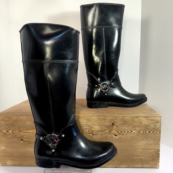 Michael Kors Fulton Harness Rain Boots Womens 6 Waterproof Logo Glossy Classic - Picture 2 of 11
